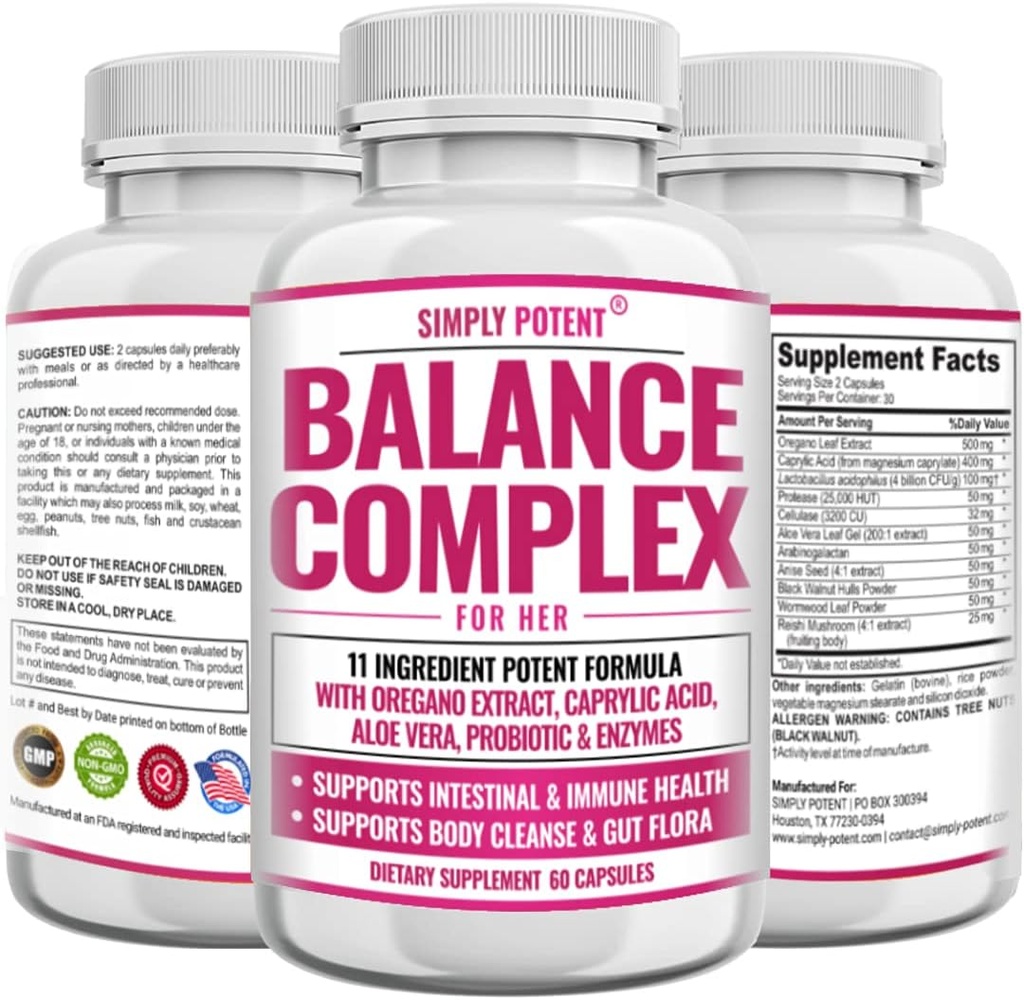 Συγκρότημα Ισορροπίας για γυναίκες, Candida Cleanse & Κολπική Συμπλήρωμα Διατροφής Υγείας, Φυσική Φόρμουλα με Ρίγανο, Καπρυλικό Οξύ, Αλόη, Προβιοτικά & Ένζυμα για την υποστήριξη της ουρικής και ανοσοποιητικής υγείας, 60 κάψουλες