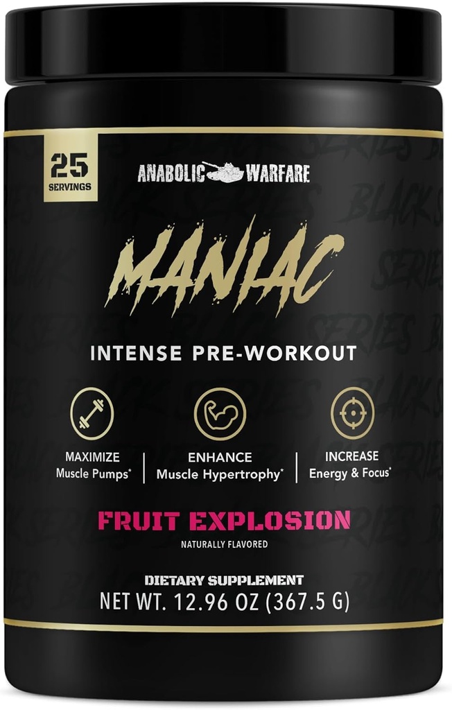 Anabolic Warfare Black Series Maniac, Pre-Workout Powder, Supports Nitric Oxide, Muscle Pumps, and Protein Synthesis* Fruit Explosion