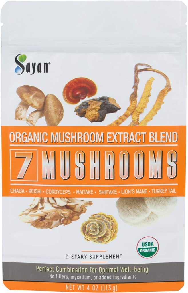 Sayan 7 Mushrooms USDA Organik Ekstraksiyon Toz Kom 4 oz / 113g - Chaga, Reishi, Cordyceps, Maitake, Shiitake, Lion's Mane ve Türkiye Tail, No Fillers, Add to Coffee or Tea, Fruiting Body