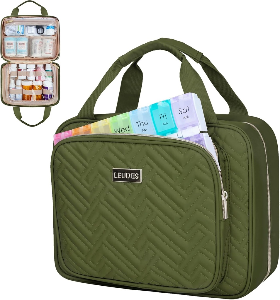 Leudes Travel Pill Bottle Organizer, Medicine Organizer and Storage,Home Τσάντα φαρμακευτικής αγωγής, κάσες, Carrier για χάπια, Vitamin, Fish Oil, Συμπληρωματικά για γυναίκες και άνδρες (Medium, Army Green)