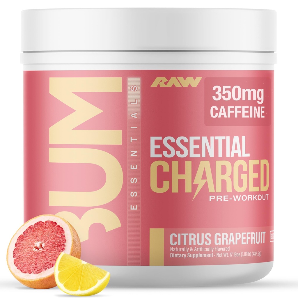 RAW Pre-Workout Toz, Essential CHARGED (Citrus Grapetre) - Erkekler için Preworkout Supplement, Women - Supports Focus, Mood, Performance - Caffeine, Alpha-GPC, L-Citrulline, Beta Alanine (25 hizmet)