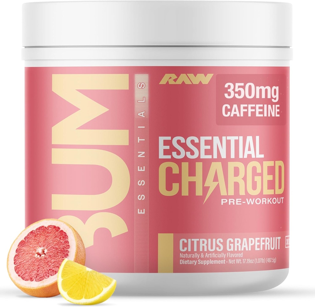 RAW Pro-Engageout Powder, Essential CHARGED (Citrus Grapefruit) - Preworkout Supplement for Men, Women - Υποστηρίζει Focus, Mood, Performance - Καφεΐνη, Alpha-GPC, L-Citrulline, Beta Alanine (25 Services)