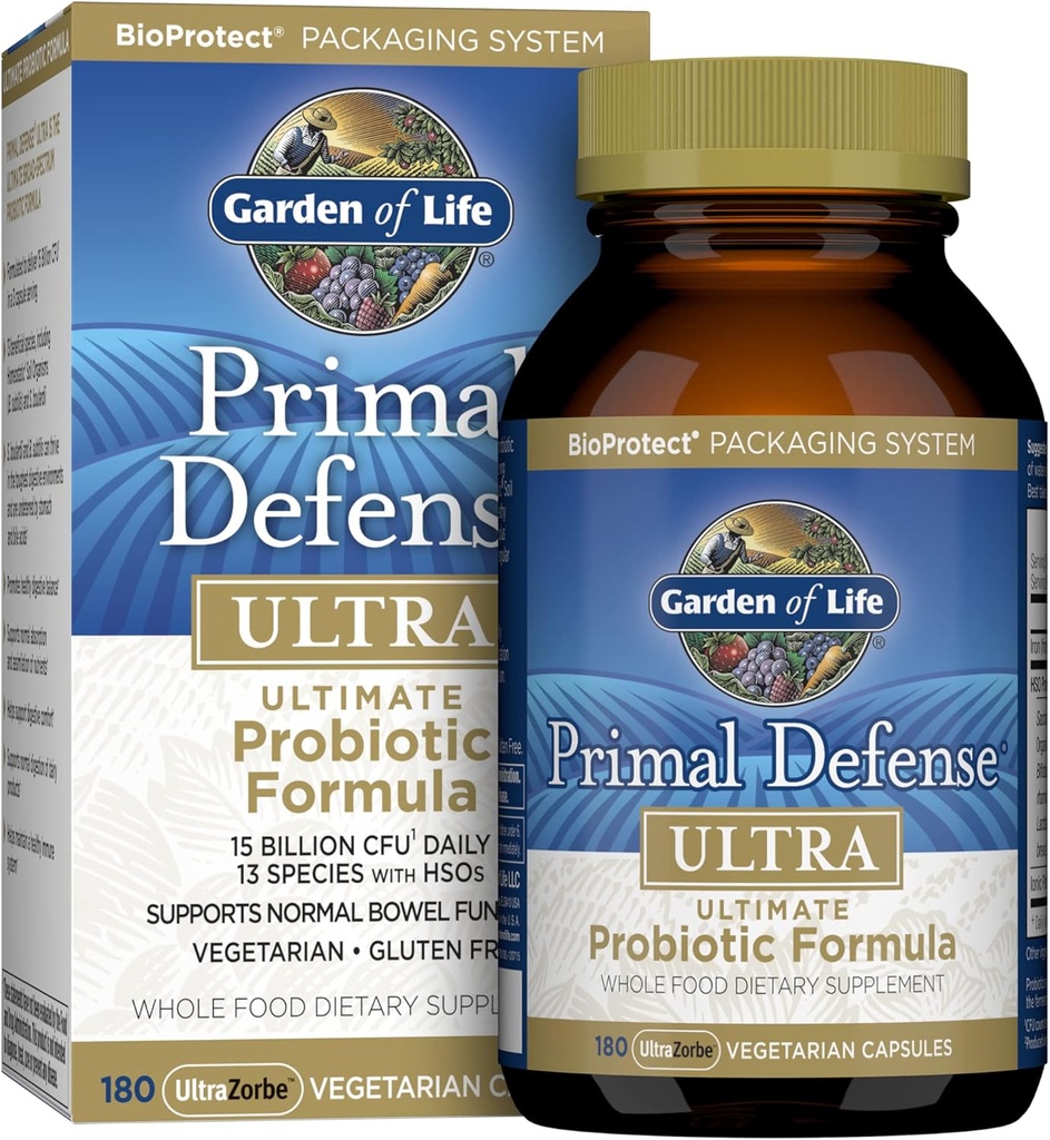 Life Probiyotiks for Digestive Health and Gut Health Balance, Primal Savunma Ultra Ultimate Formula, 15 Milyar CFU ve 13 Strains Plus HSOs, Vegetarian ve Gluten Free, 180 Capsules