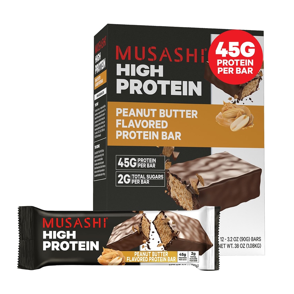 MUSASHI Υψηλής Πρωτεΐνης Bar, 45g Πρωτεΐνη, 2g Σύνολο Σάκχαρα, Φυστικοβούτυρο & σοκολάτα γάλακτος Επικαλυμμένο, Post προπόνηση και πρωτεΐνη Snack On The Go, 12 Pack of 3.2oz (90g) Bars