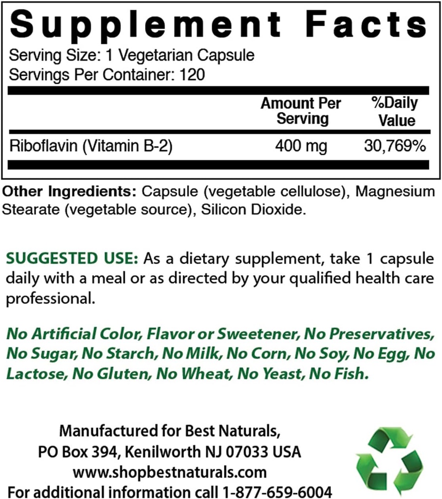 En İyi Doğal Vitamin B2 (Riboflavin) 400 mg & Vitamin B-6 25 Mg