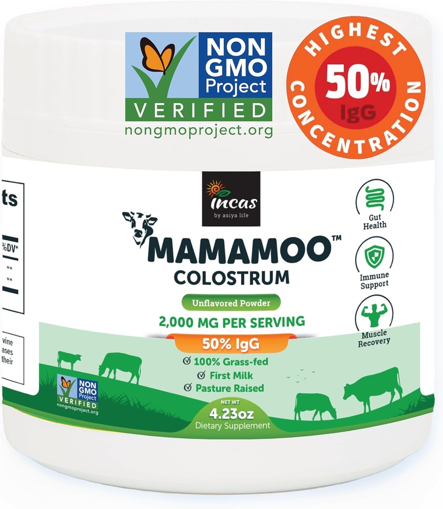 MamaMooTM Colostrum Toz >50% IgG, Grass Fed, First & Only Non GMO Onaylandı, Gut Health Bloating Immunity, Contains 400+ Bioaktif Nutrients, Üçüncü Parti Lab Test Edildi, 60 Hizmet (Unflavored)