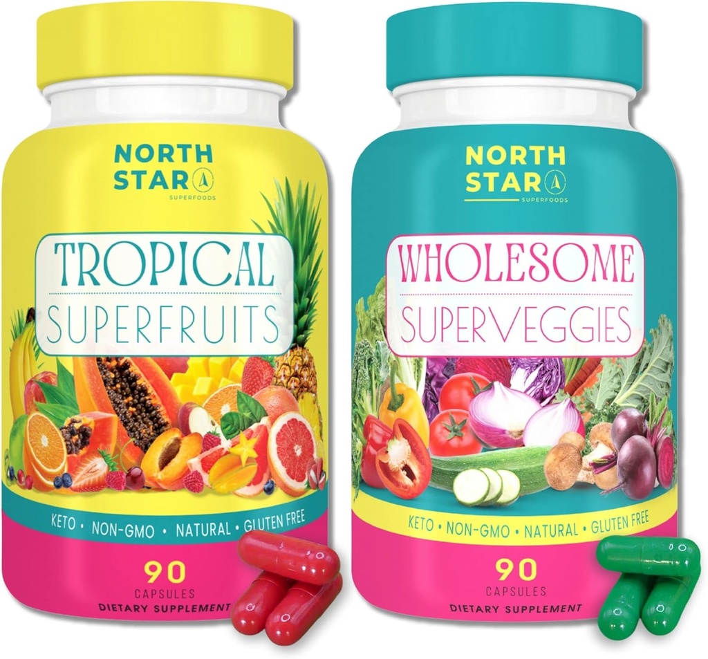 Superfood Rich Keto Tropikal Meyve + Wholesome Veggie Supplements | 180 TOTAL Şişe | Nitrik Çimento + Beta Glucan | Gluten, Süt, Soy, GMO-Free (Fruit & Veggie, 180 Count)