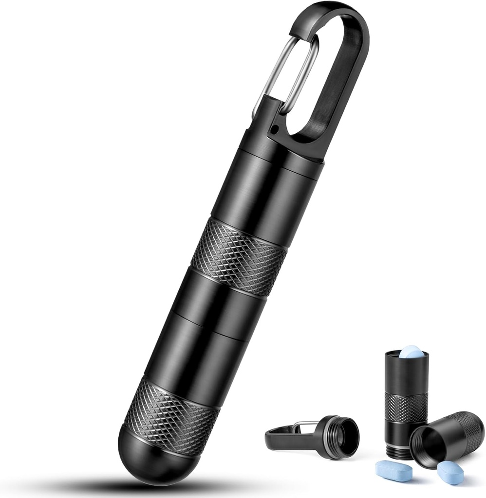 Micro Hill Holder Keychain Titanium Pill περίπτωση για την τσάντα μικρό Pill Container Travel Black Pill Box Ιατρική μπουκάλι Organizer για τη βιταμίνη συμπλήρωμα ιχθυέλαιο (Black+1 κλειστό σωλήνα επέκτασης)