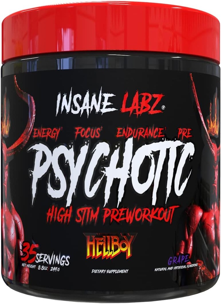 Insane Labz Hellboy Edition, High Stimulant Pre Workout Toz ve NO Branson Beta Alanine, L Citrulline ve Caffeine, Boosts Focus, Energy, Endurance, Nitrik Çimento Seviyeleri, 35 Srvgs, Grape