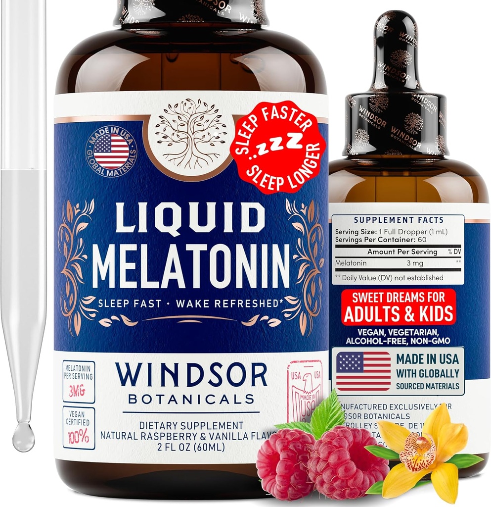 Yetişkinler ve Çocuklar için Sıvı Melatonin 6 Yıl Up - 3 mg Melatonin Ekstra Güçsel Sıvı Uyku Yardımı - Hızlı Absorbtion, Raspberry Vanilla Flavor Melatonina - 2oz, 2Month Supply, Made in USA