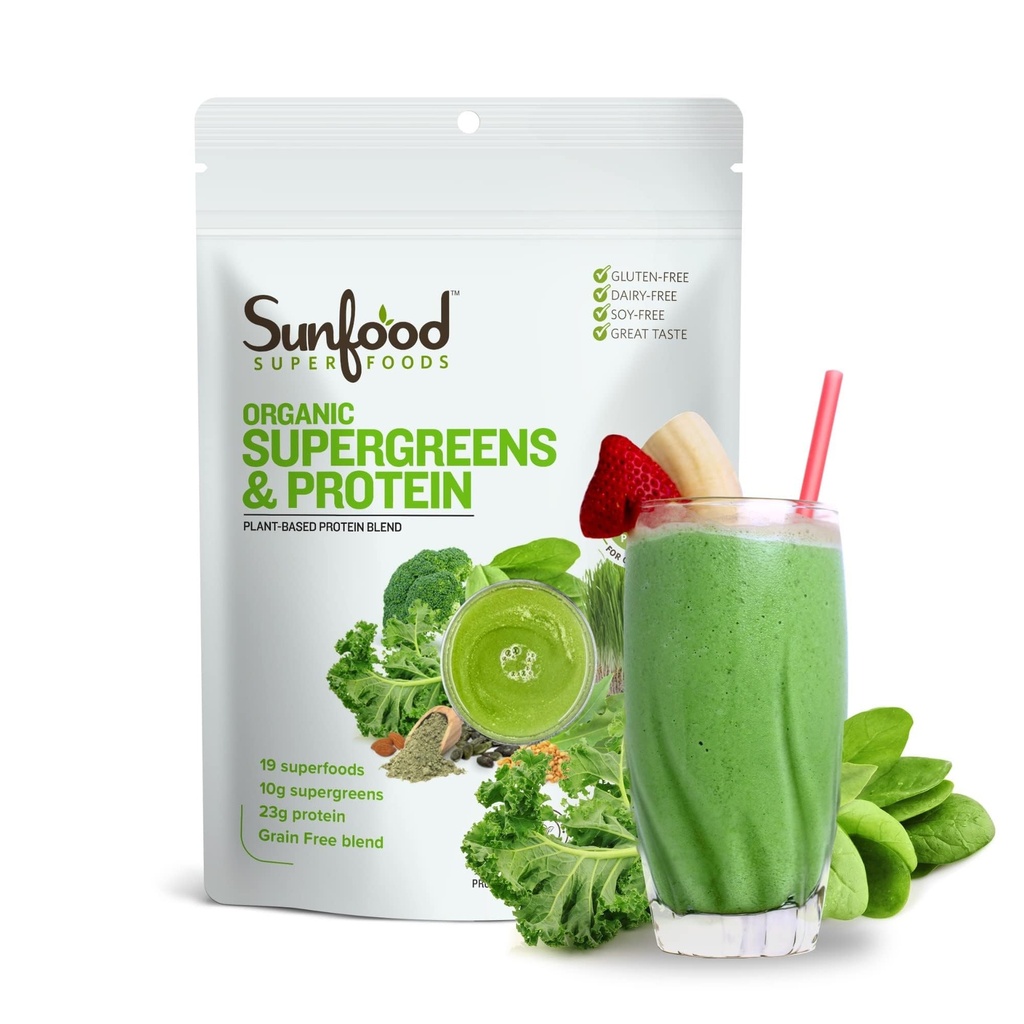 Sunfood Organic Supergreens & Protein - Yeşiller Superfood Toz, Organik Protein Toz, Bitki bazlı Vegan Protein, Gut Health w/Chlorella & Spirulina için Süper Yeşiller - 8 oz Protein