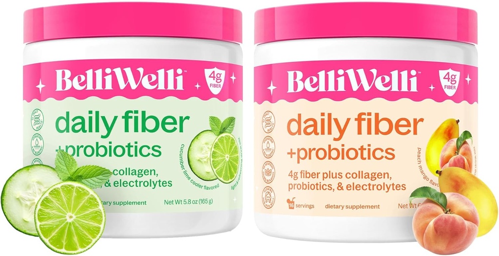 Daily Fiber Supplement Sche with Collagen, Probiyotiks, Electrolytes & Hydration Support - Cucumber Lime Mint & Peach Mango Flavors - Discovers Digestive, Skin Health, Gut Balance - 32 Hizmet