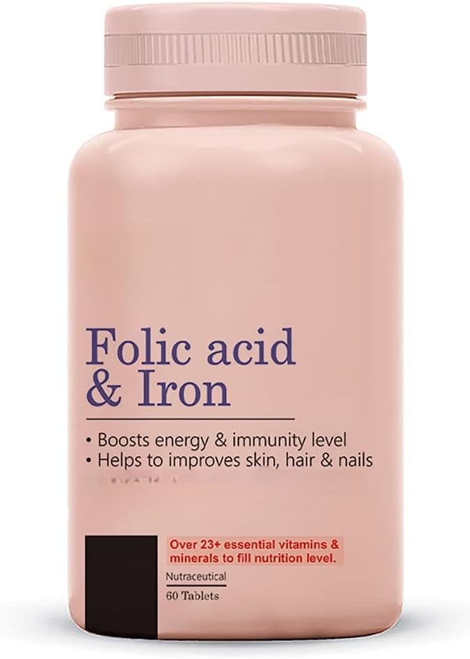 Folic Acid & Iron Supplements |Depres Gebelik / Demir Üretimi|Erkekler ve Kadınlar için Saç Sonbaharını azaltır / Vegan / 60 Tablet