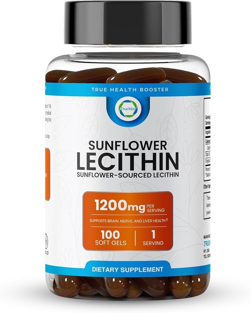 Sunflower Lecithin 1200 MG 100 Softgels, 100-Day Supply Guaranteed Pure, Non-GMO, Soy-Free, Supports Brain, Heart, Nerve, Liver Health, Bilişsel Fonksiyonl, Sağlıklı Cholesterol, High Abpsiyon Formula