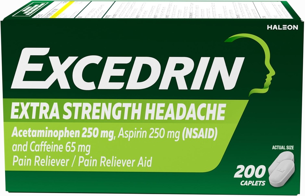 Excedrin Extra Strength Pain Relief Caplets for Headache Relief, Acetaminophen 250 mg, aspirin 250 mg, Caffeine 65 mg, Pain Reliever, 200 Count Count Count Count