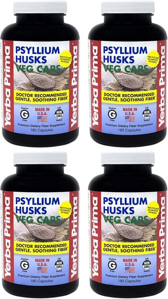 Yerba Prima Psyllium Husks Veg Caps - 180 Kont (GMO, Gluten Free, Colon Cleanser, Daily Fiber Supplement for Gut Health & Regularityity