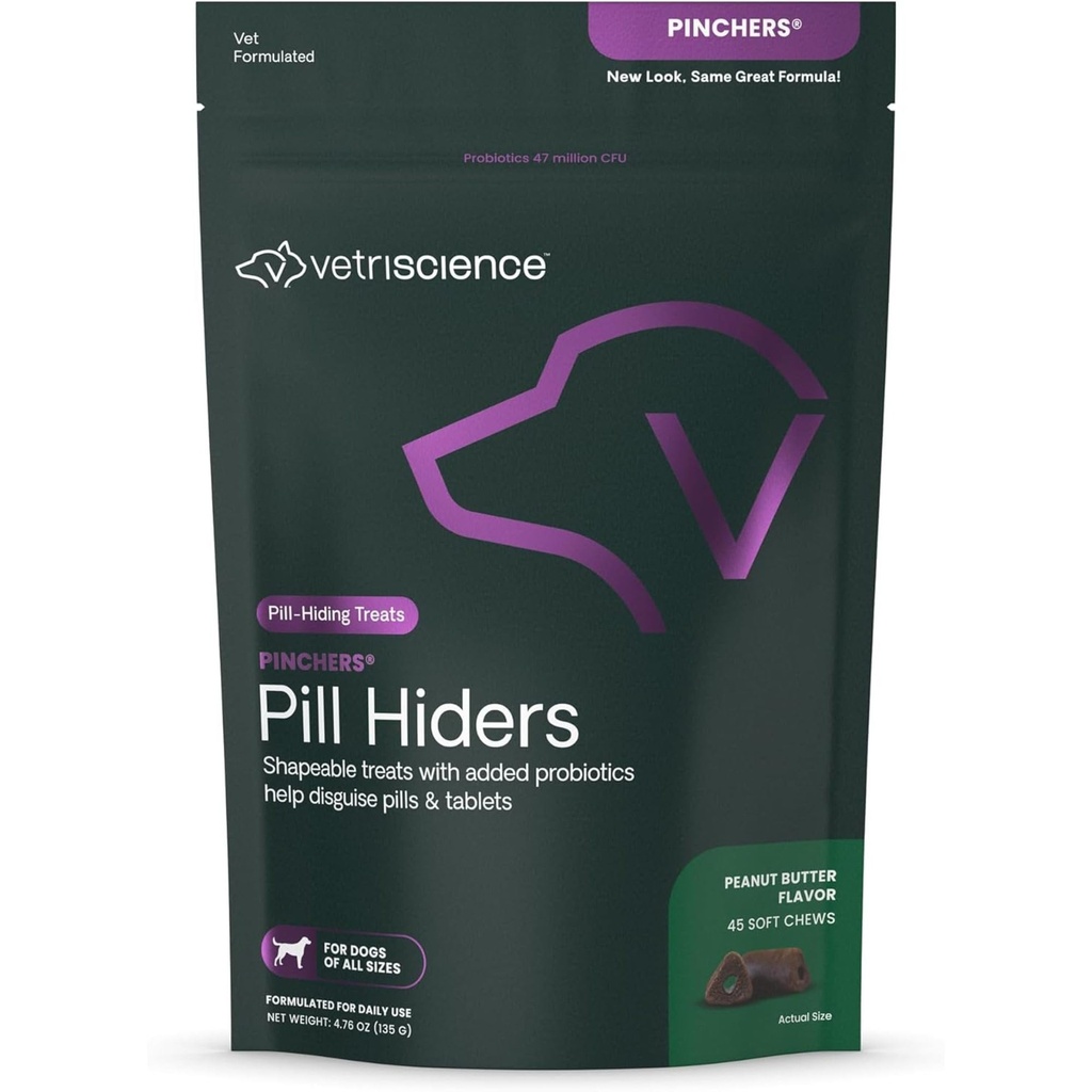VetriScience Pinchers Pill Hiders Chews, Non-Greasy with Probiotics for Dogs, Disguise Small Capsules and Tablets, Soft and Chewy, Gut and Immune Support, Peanut Butter, 45 Count