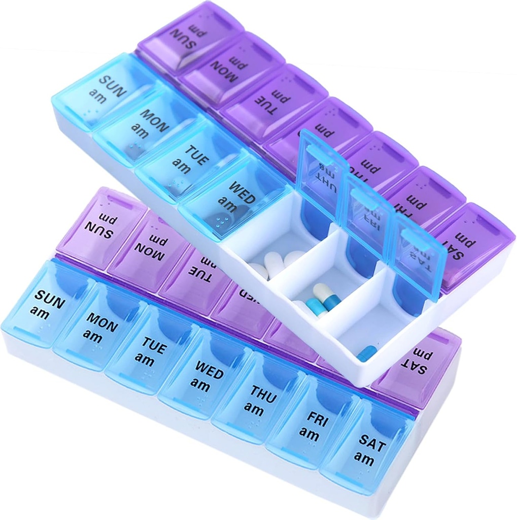 Haftalık Pill Organizer 2 Times bir gün Pill Box Büyük Kapasite AM PM Tıp Konteyner Balık Yağları Vitamin Pill Mineral Tamamlayıcı (2 PCS)