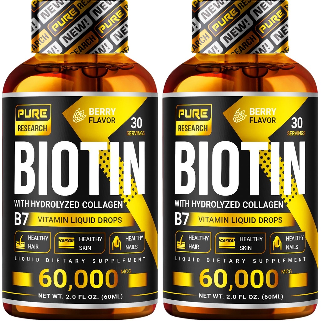 PURE ΕΡΕΥΝΑ Βιοτίνη & Collagen 60.000mcg Hair Growth Liquid Drops, Υποστηρίζει: Ισχυρά νύχια, λαμπερό δέρμα, υγιής ανάπτυξη των μαλλιών, περισσότερο απορρόφηση από κάψουλες & χάπια (4Fl Oz)