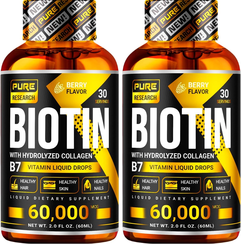 PURE, Biotin & Collagen 60.000 Saç Büyümesi Sıvı Merdivenler, Destekler: Güçlü Nails, Glowing Skin, Sağlıklı Saç Büyümesi, Daha Fazla Aborps & Pills (4Fl Oz)