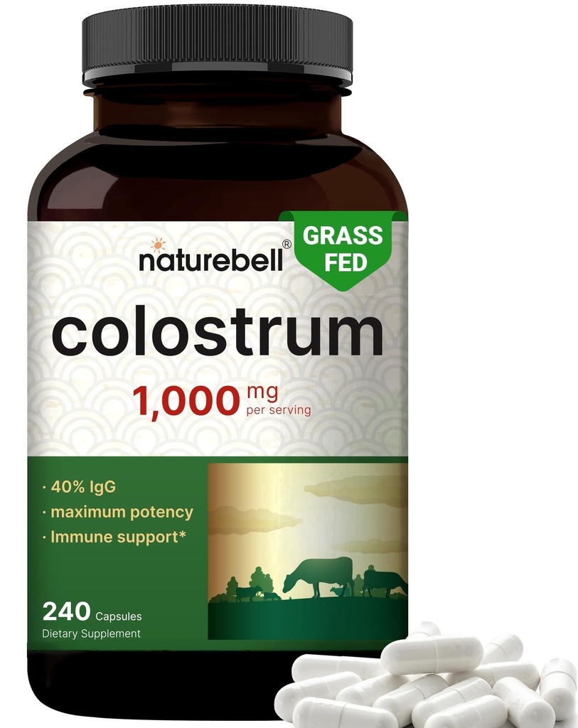 NatureBell Bovine Colostrum Supplement 1000mg Per Servis, 240 Capsules |% 40 IgG Colostrum Toz for Gut Health, Bloating, Skin, Hair & Immune Support – Non-GMOMO