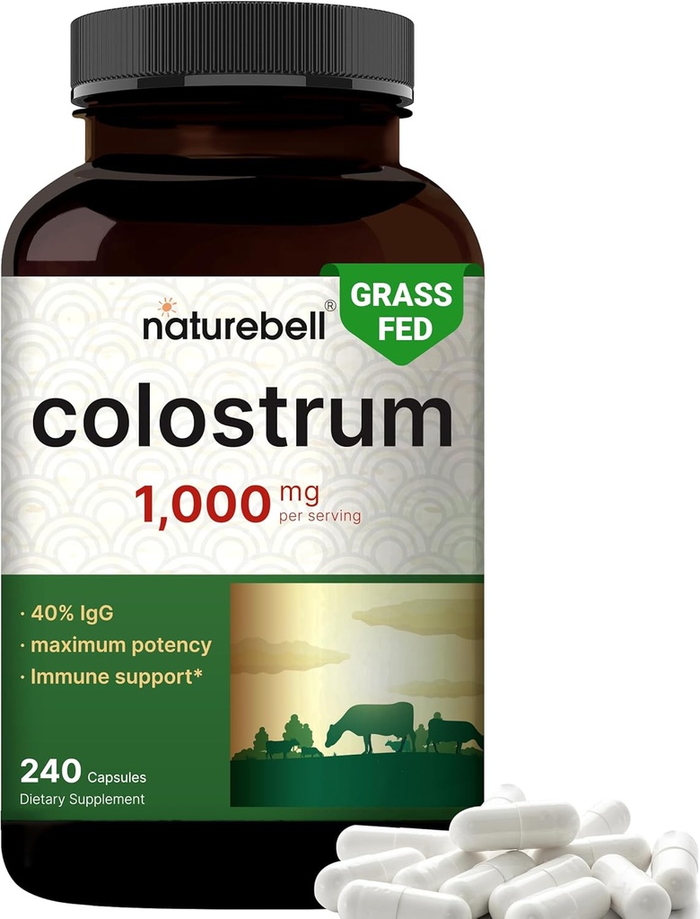 NatureBell Bovine Colostrum Supplement 1000mg Per Servis, 240 Capsules |% 40 IgG Colostrum Toz for Gut Health, Bloating, Skin, Hair & Immune Support – Non-GMOMO