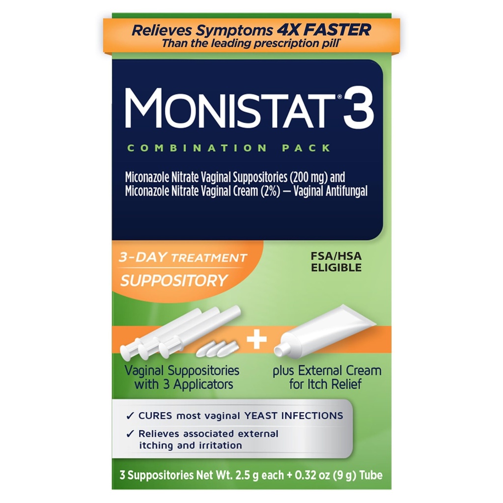 Monistat 3Gün Kadın için Enfeksiyon Tedavisi, 3 Miconazole Vaginal Suppositories & Dış Itch Relief Cream (9g Tube) Combo Pack