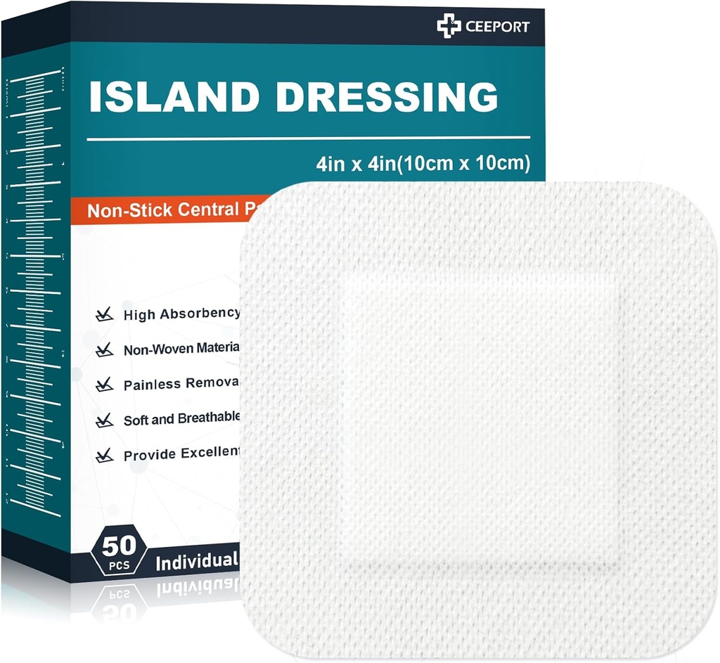 Island Dressing 4"x4", 50 Bireysel olarak Sınırlanmış Gauze Pads, 2"x2" Non-Stick Pad in Center with Prestige Border, Highly Absorbent Non-Woven Medical Grade Bandages for Yaras, First Aid