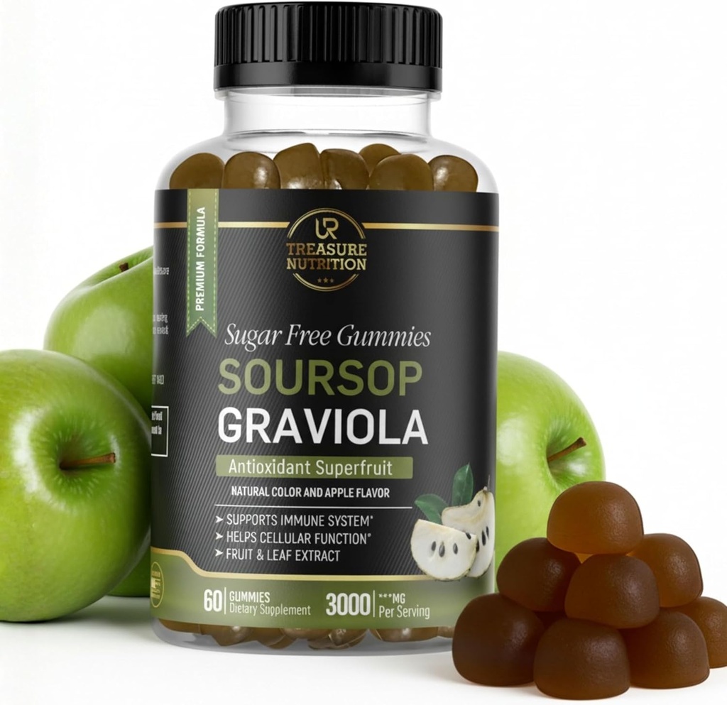 Soursop Leaves & Soursop Fruit Gummies - 3000mg Soursop Extract - Graviola Supplement - Soursop Fruit and Leaf - 60ct - Sugar-Free - Gluten Free – Non-GMO – Vegan Friendly