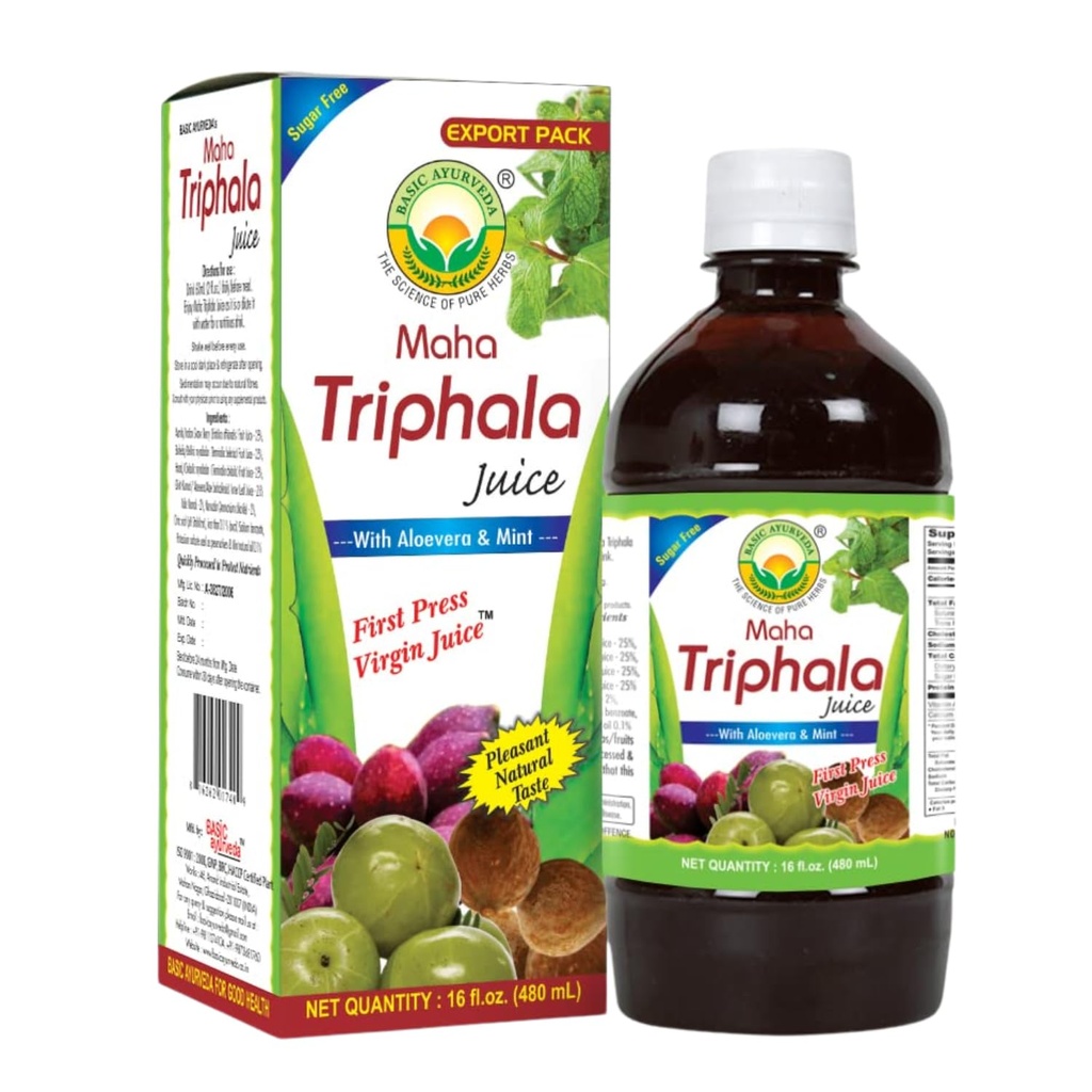 Temel Ayurveda Maha Triphala Juice ile Aloe Vera & Mint – 16 Fl Oz (480 ml) | Doğal Herbal İçilir | İlk Basın Virgin Juice | No Ek Olmayan Şeker | Daily Use & Cleansing