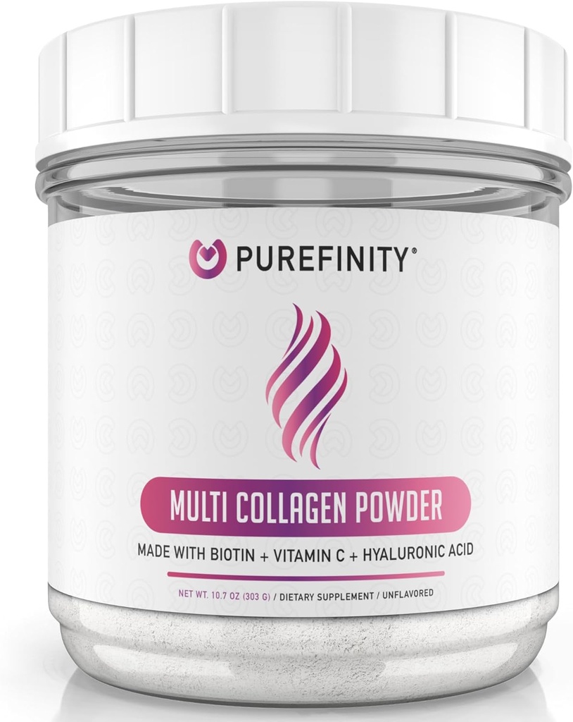 PUREFIN Collagen, for Women - Type I, II, III, V & X with Biotin & Hyaluronic Acid, Supports Health Skin, Bones, Hair & Nails – Non-GMO, Grass-Fed, Unflavored, 10.7oz (1 ay Supply)