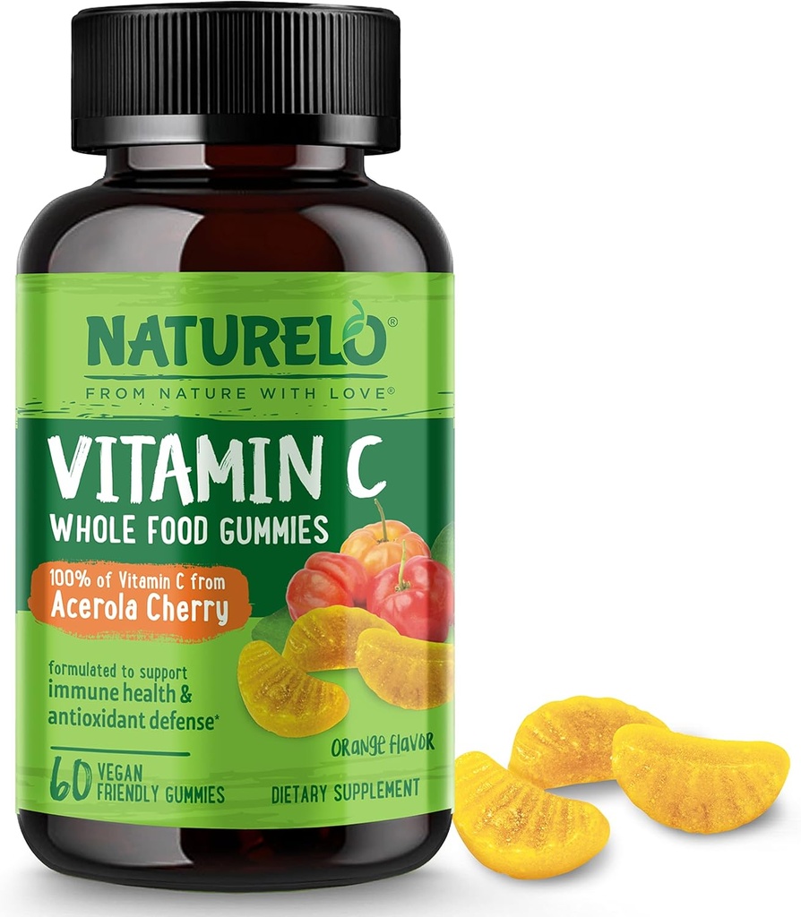 NATLO Tüm Gıda C Gummies, Vitamin C'den Acerola Cherry, Plant-Based Supplement, 60 Vegan-Friendly Gummies