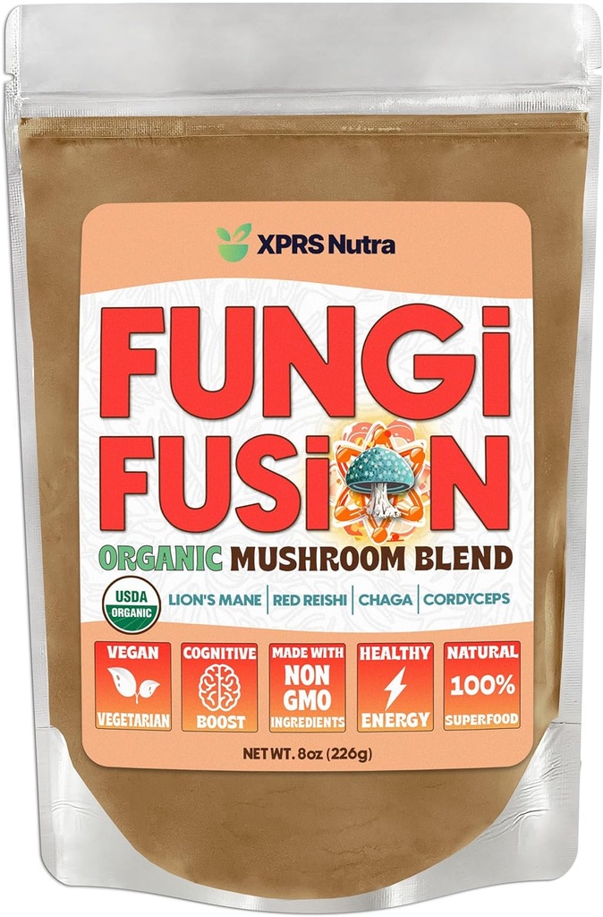 XPRS Nutra Fungi Fusion Organic Mushroom Toz Toplantısı, Lion's Mane, Reishi, Chaga, Cordyceps for mental Clarity, Cognition, Energy and Immunity - 8 Ounce