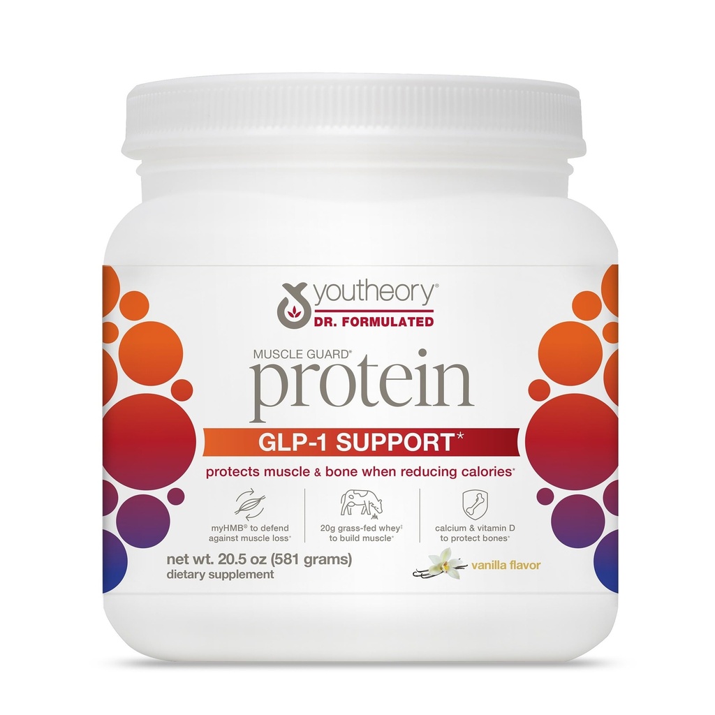 Youtheory Muscle Guard Protein GLP-1 Support - Συμπλήρωμα σκόνης πρωτεΐνης ορού γάλακτος - για χρήστες GLP-1 - Υποστηρίζει τους μυς & τα οστά - με myHMB, ασβέστιο & βιταμίνη D - 20,5 oz σκόνη