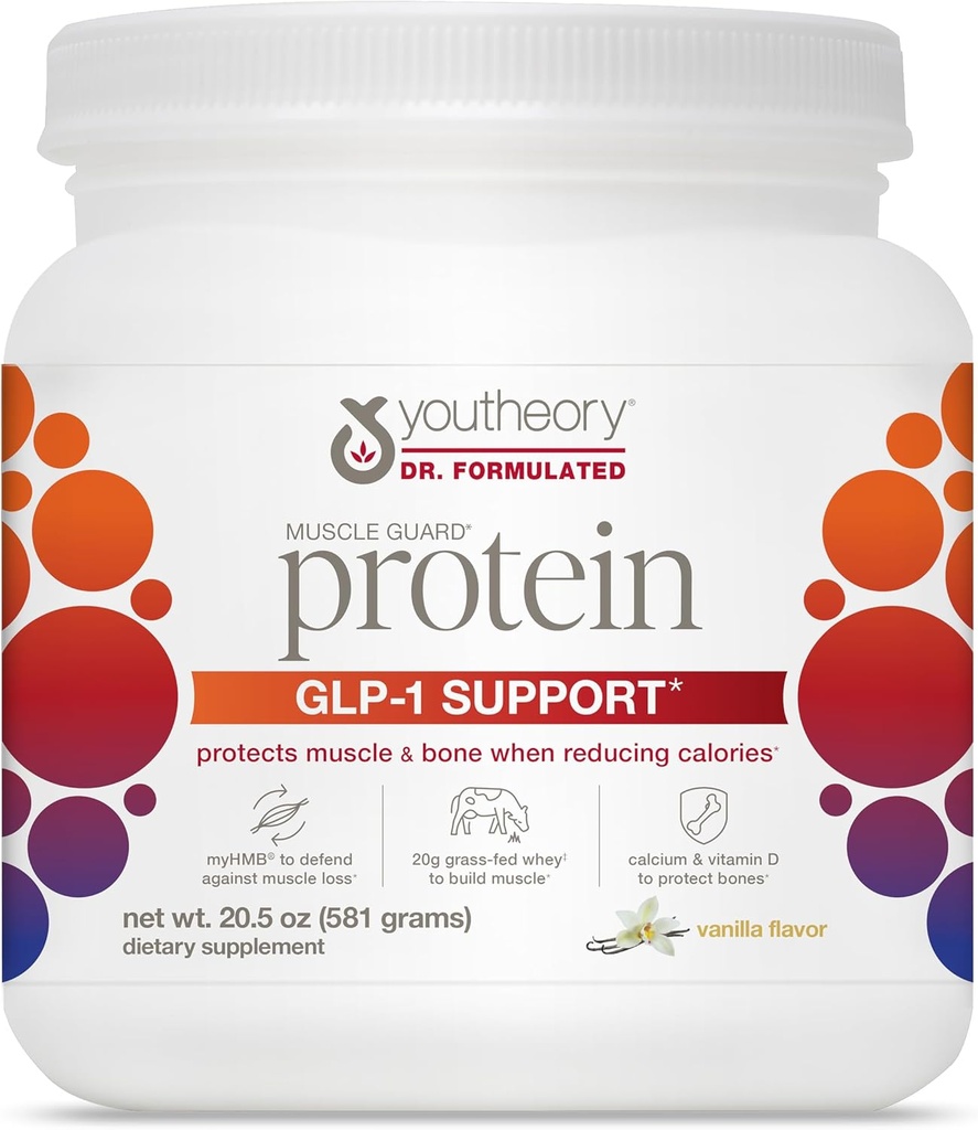 Youtheory Muscle Guard Protein GLP-1 Support - Συμπλήρωμα σκόνης πρωτεΐνης ορού γάλακτος - για χρήστες GLP-1 - Υποστηρίζει τους μυς & τα οστά - με myHMB, ασβέστιο & βιταμίνη D - 20,5 oz σκόνη