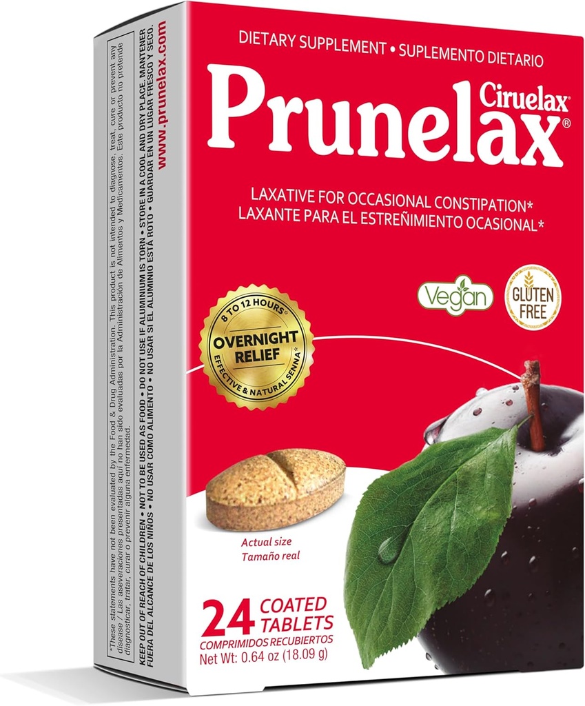 Prunelax Ciruelax Düzenli Kuvvet Laxative Tabletler - Occasional Constipation için geceden Fazla Yardım, Senna Ekstraksiyon, Vegan & Gluten-Free, Fast-Acting Gentle Relief - 24ct