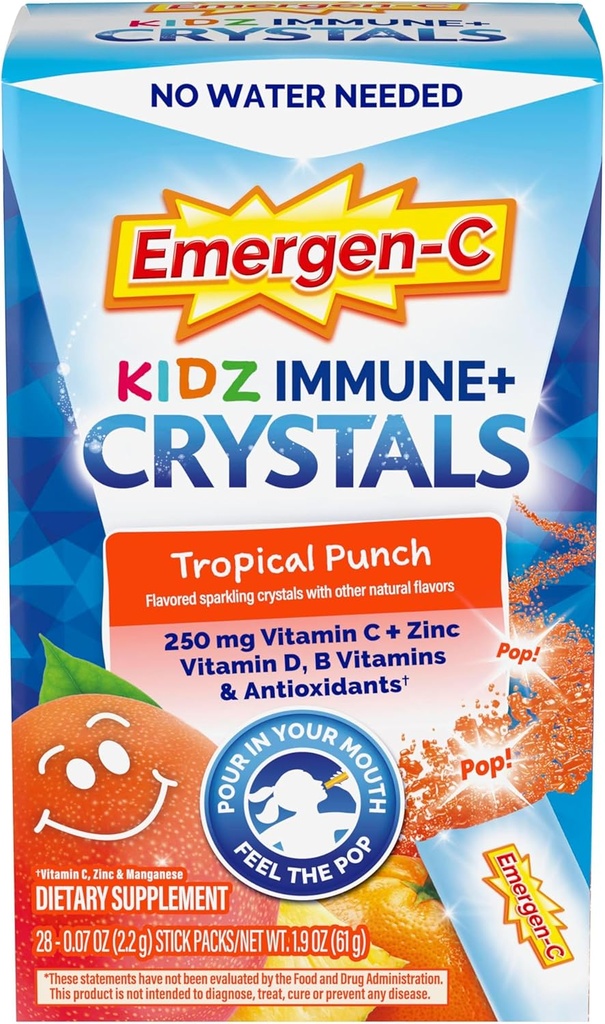 Emergen-C Kidz Immune Plus Crystals, On-Go Immune Support Supplement with Vitamin C, Vitamin D, B Vitaminleri, çinko ve Manganese, Tropikal Punch, Back to School Essentials - 28 Stick Packs