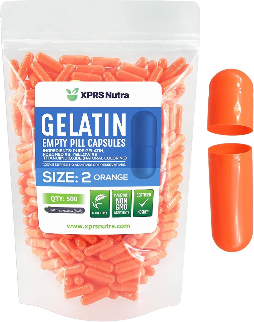 XPRS Nutra Size 2 Empty Capsules - 500 Count Empty Gelatin Capsules - Pills DIY Capsule Filling - Pure Bovine Pill Gel Caps for Do-It-Yourself Supplements (Orange)