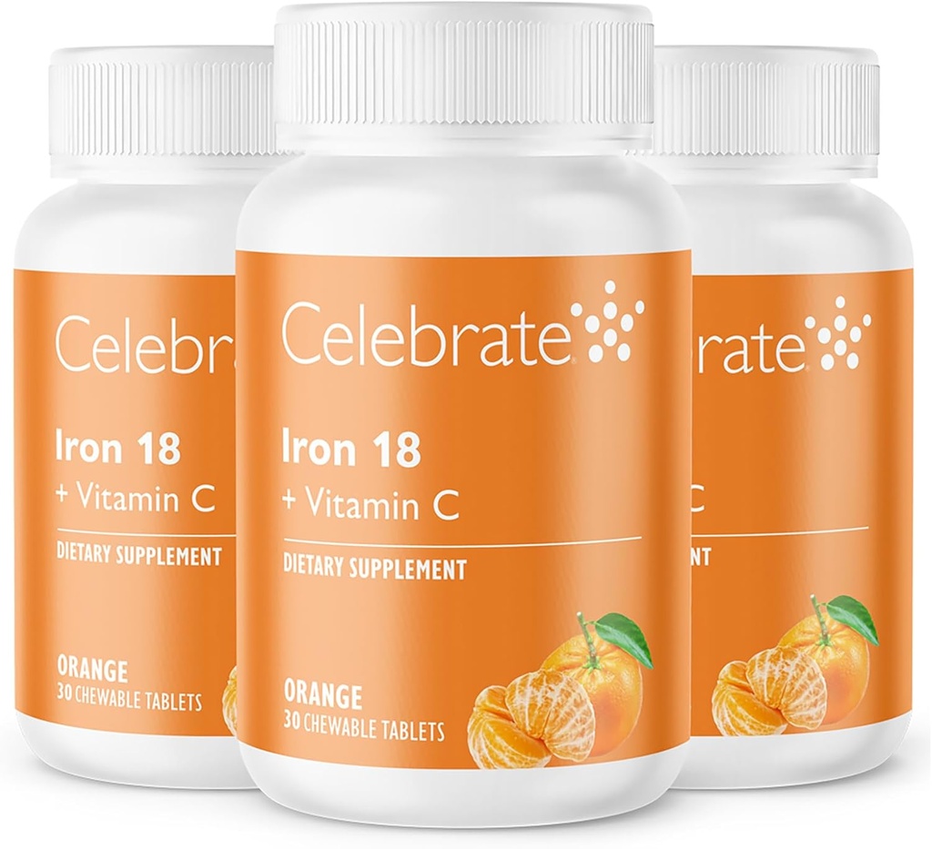 C ile Vitamin Demir Supplement - 18 mg Demir, 36 mg Vitamin C, Bariatrik Vitaminleri WLS Hastaları, Dikey Kol & Gaztrik Bypass Cerrahisi - Tangerine, 90 Chewable Tabletler