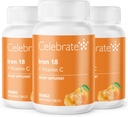 C ile Vitamin Demir Supplement - 18 mg Demir, 36 mg Vitamin C, Bariatrik Vitaminleri WLS Hastaları, Dikey Kol & Gaztrik Bypass Cerrahisi - Tangerine, 90 Chewable Tabletler