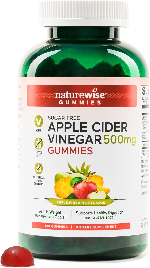NatureWise Apple Cider Vinegar ACV Gummies - 1000 mg ACV per 2, Sugar Free, Vegan - Energy & Gut Health - ACV Gummies W/Vitamin B12-180 Gummies[3-Month Supply for 1000 mg / 6Month Supply for 500mg / 6Month Supply for 500mg]