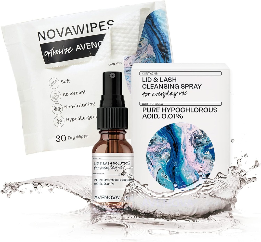 Avenova eyelid και eyelash Cleanser Spray με 30 στεγνά μαντηλάκια - Απαλά καθημερινά Hypochlorus Acid Lid και Lash Cleansing Spray για καθαρότερα και πιο υγιή μάτια, 20mL