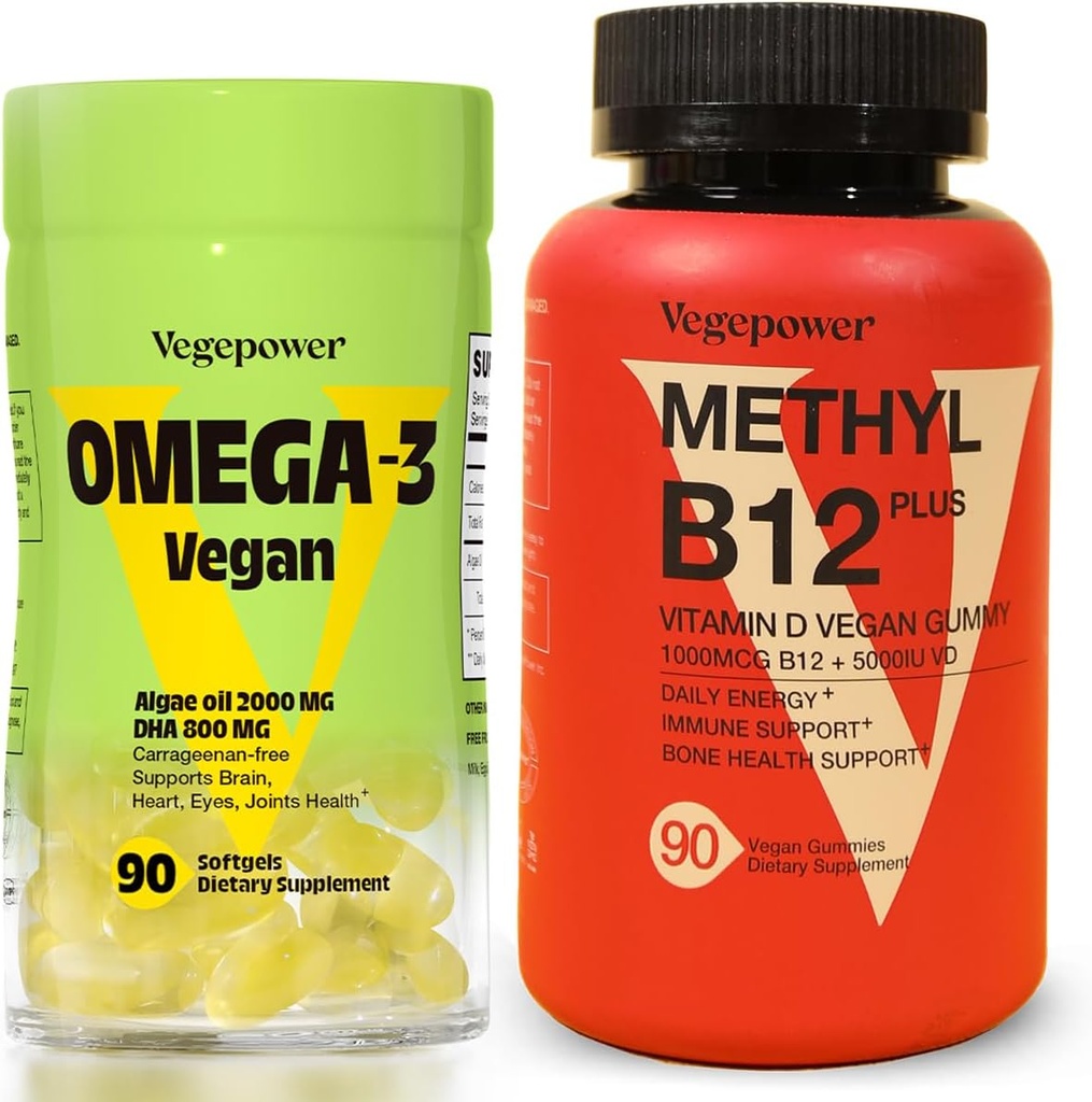 Vegan Omega-3 + Vitamin B12 Gummy | Algae Omega-3 DHA Supplements for Brain, Heart Eyes Health | Methyl B12 1000 mcg & Vitamin D 5000 IU for Energy and Immune Support - 90 Count