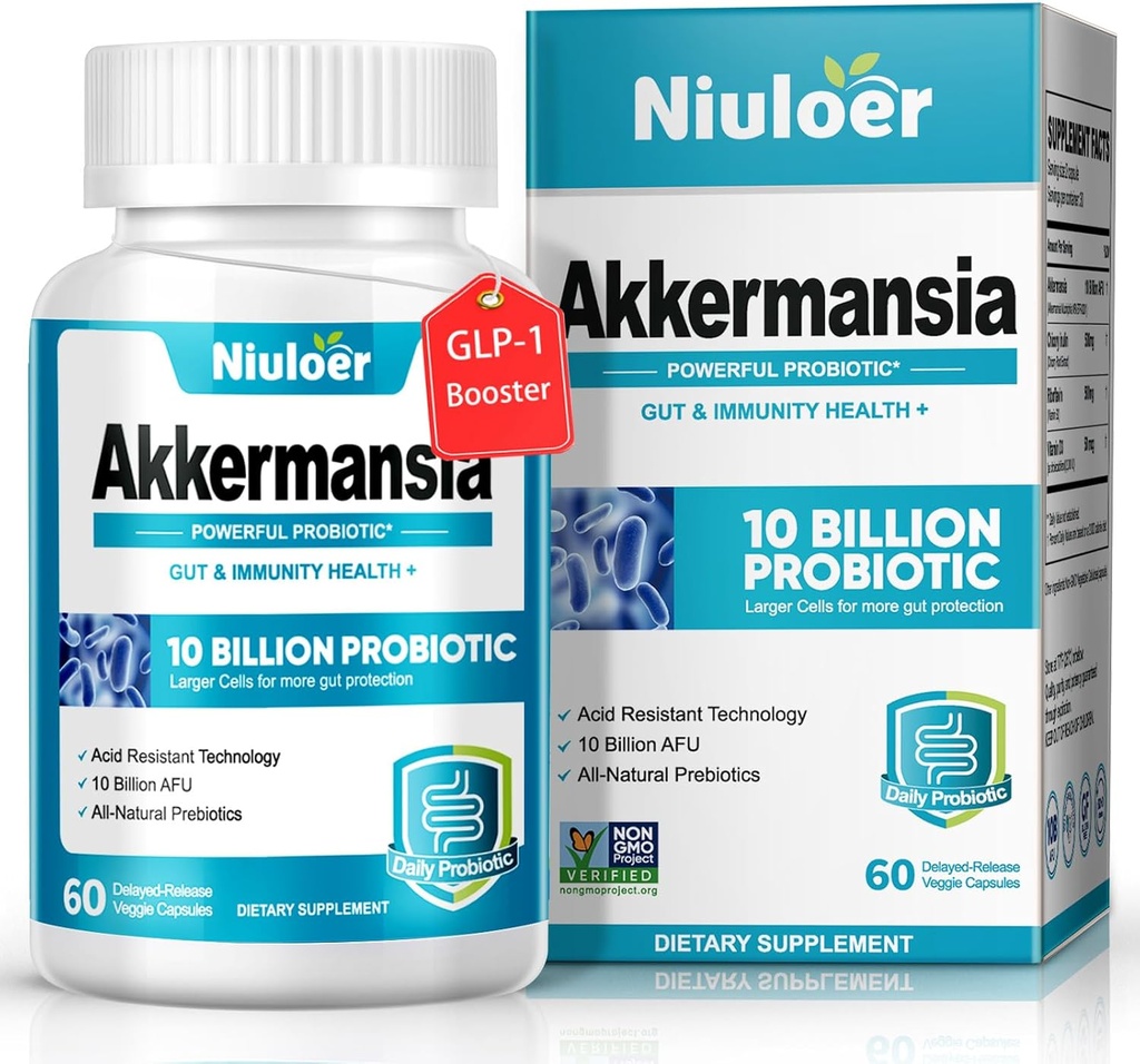 Akkermansia Probiotic, GLP-1 Probiotics for Women & Men - 10 δισεκατομμύρια AFUs + Βιολογικά Πρεβιοτικά, Digestive, Gut, Ανοσοποιητική & Συνολική Υγεία, Ενισχύει τη λειτουργία Gut Digestive Lining (60 κάψουλες, 1-Pack)