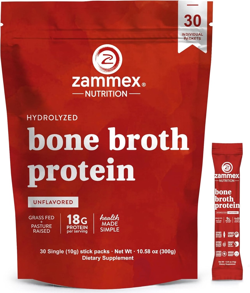 Zammex Bone Broth Collagen Packets-20g Collagen Protein-Bone Broth Toz to Go-30 Travel Packets- Supports Skin Nails Ortakları, Gut Health | Gluten-Free |Keto & Paleo Dostu-Doğal Flavor
