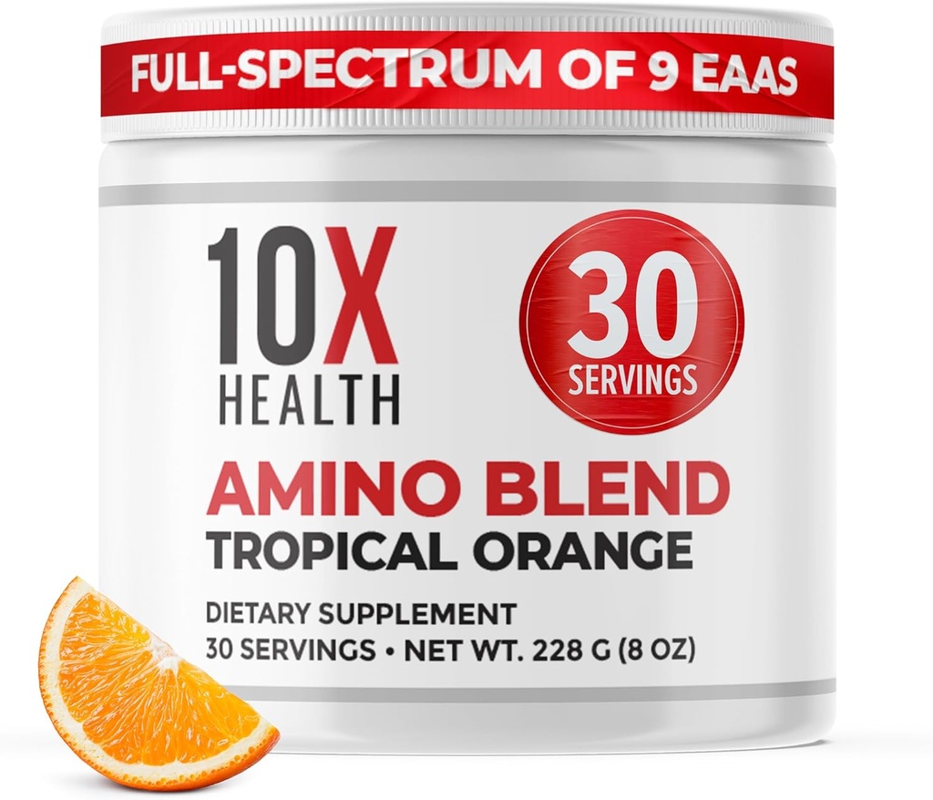 10X Υγεία Αμινοξέα - 30 Υπηρεσίες της EAA & BCAA σκόνη, Προ προπόνηση BCAA με Essential Amino Acids συμπλήρωμα - BCAAs & EAAs για μακροζωία, υποστήριξη μυών, δύναμη, ενέργεια - Τροπικό πορτοκάλι
