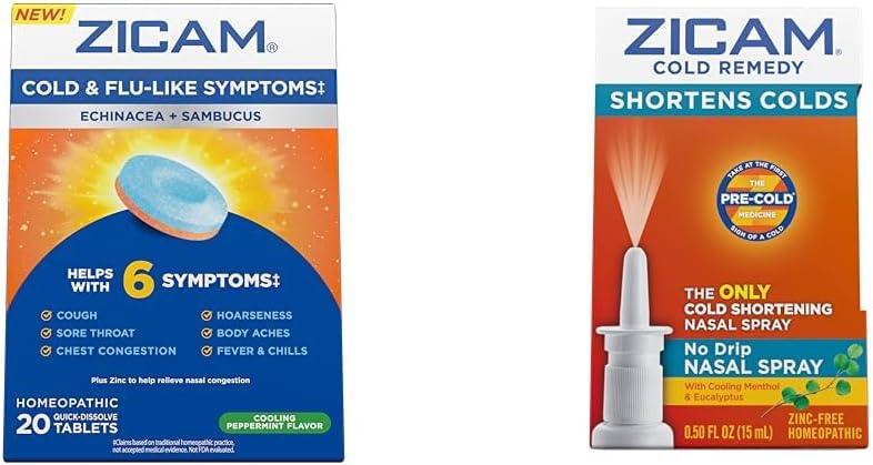 Zicam Ψυχρό & συμπτώματα γρίπης 20 δισκία και μη- Drip Nasινικό σπρέι Ψυχρή θεραπεία 0. 5 ουγγιά