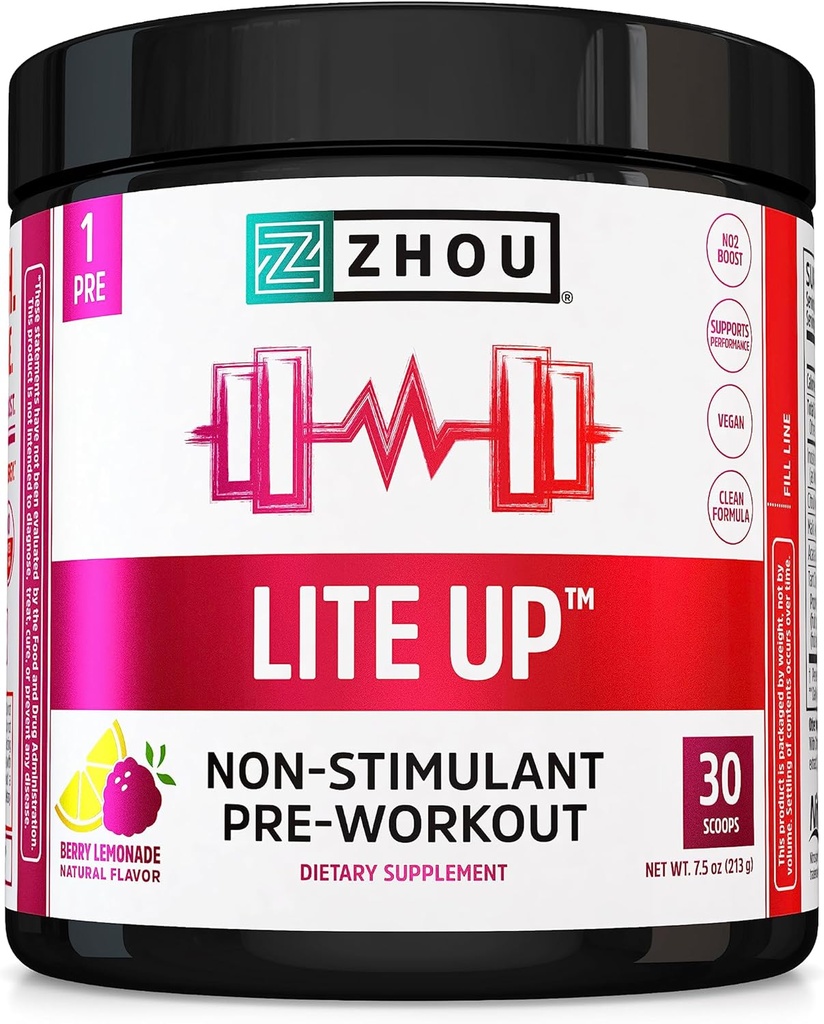 Zhou Lite Up - Non Stim Powder, Nitric Oxide Δωρεάν συμπλήρωμα για άνδρες & γυναίκες, Caffeine Free Boost, Clean Formula - Berry Lemonade Flavor, 7.5 oz Jar (30 Scoops)