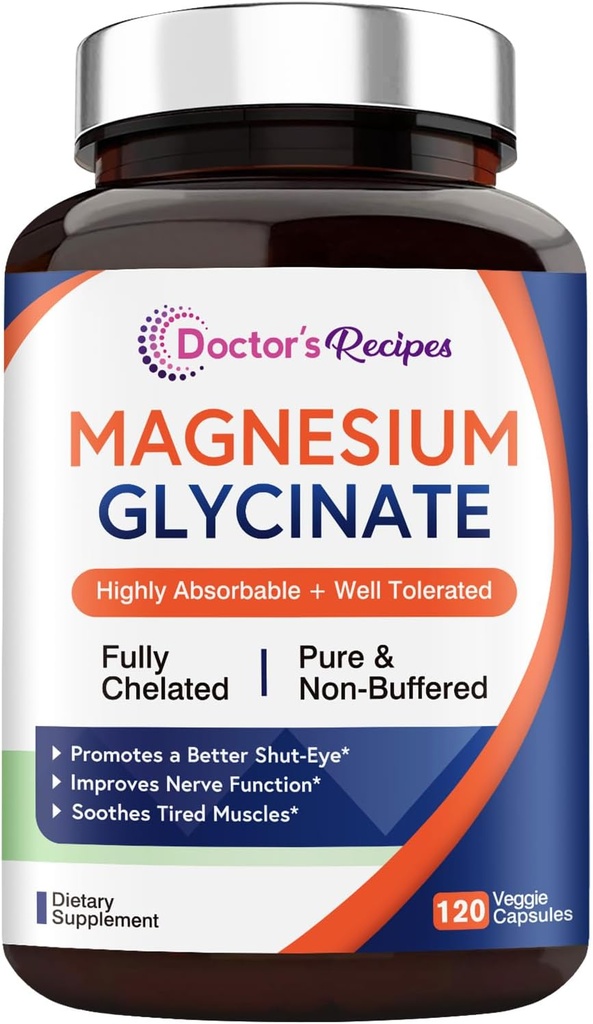 Doktor'un Tarifleri Magnezyum Glycinate, Chelated & Non Buffered, Highly Absorbable, for Kids & Yetişkinler, for Relaxation & Sleep, Non GMO, 120 Vegan Caps