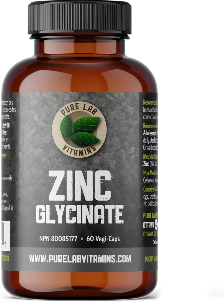 Çinko Glycinate 23 mg Supplement - 60 Vegan Caps by Pure Lab Vitamins - Sıvı Deri & Nails - Immune System, Prostate, Vision - Made in Canada